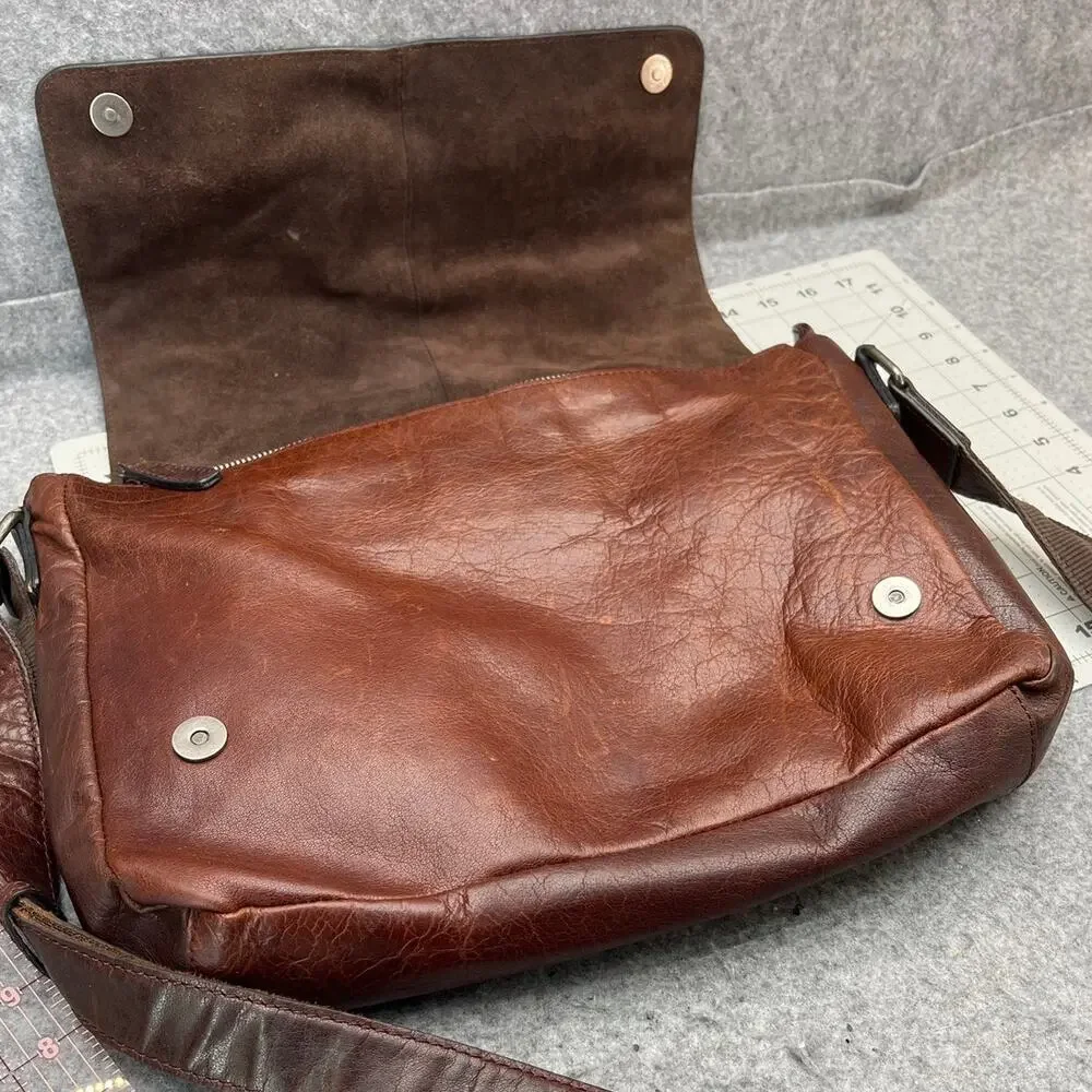 Vintage Dark Brown Patina Leather Front Flap Laptop Messenger Bag